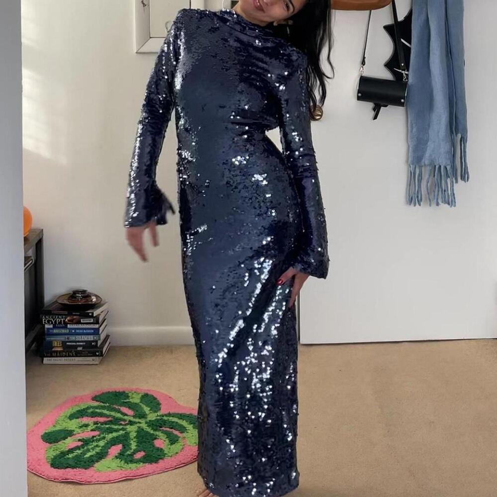 Navy blue sequin maxi dress with long sleeves & high neck. self portrait, size 0 - Picture 2 of 8
